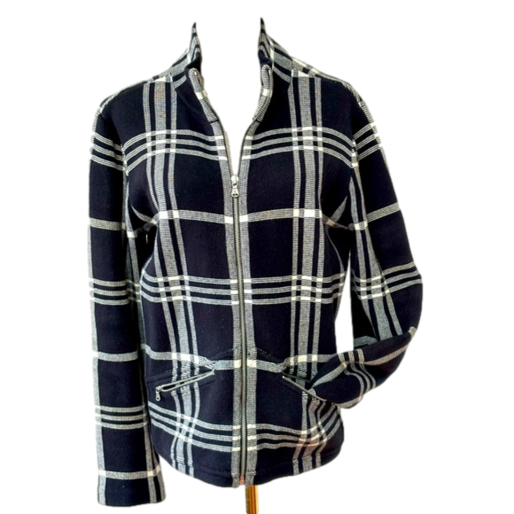 Y2K LAUREN RALPH LAUREN LAKE TAHOE BLACK & CREAM PLAID ZIP FRONT KNIT SWEATER L